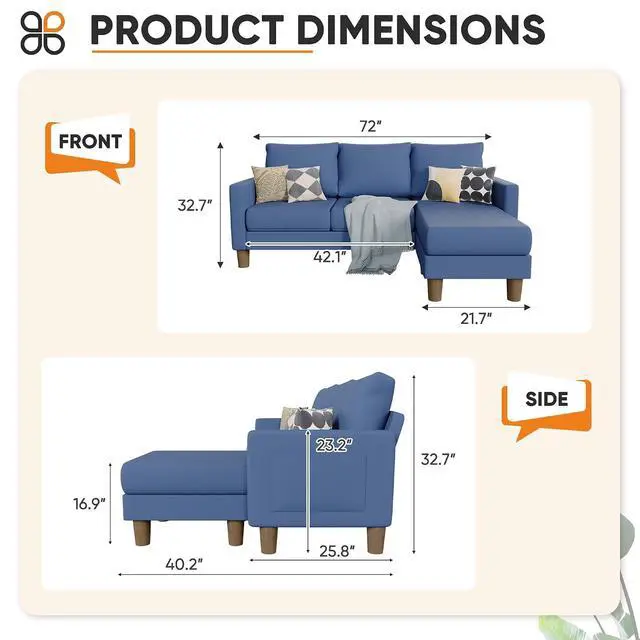 Alt view image 2 of 7 - L Shape Sectional Sofa Couch, 3 Seat Convertible Sofa with Movable Ottoman and Side Storage Pockage, Modern Sofa Small Couches for Living Room & Apartment and Small Space (Linen, Blue)