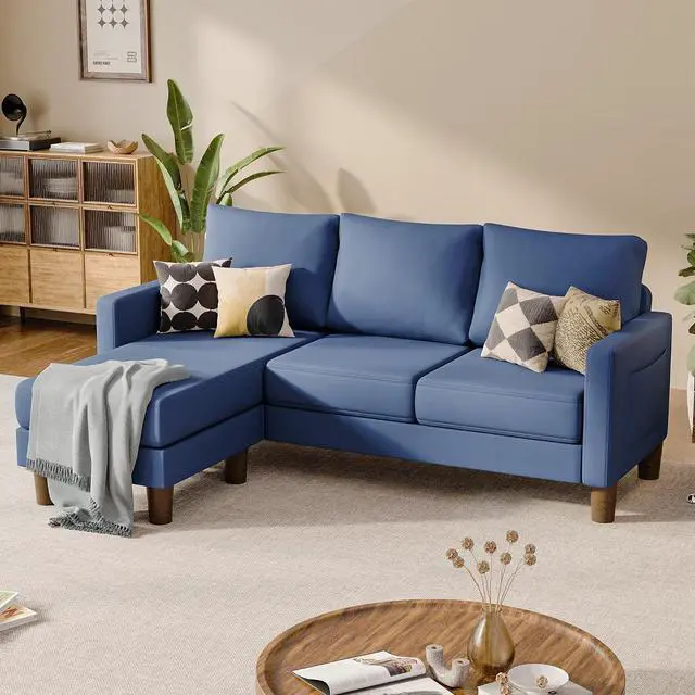 Main image of L Shape Sectional Sofa Couch, 3 Seat Convertible Sofa with Movable Ottoman and Side Storage Pockage, Modern Sofa Small Couches for Living Room & Apartment and Small Space (Linen, Blue)
