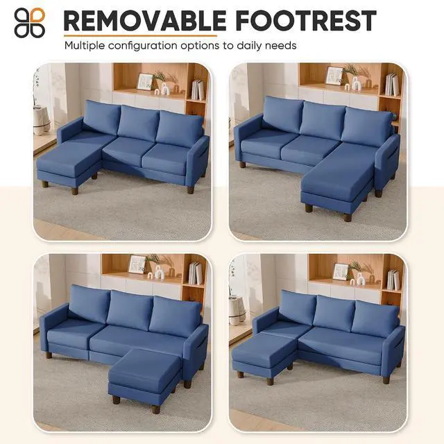 Alt view image 3 of 7 - L Shape Sectional Sofa Couch, 3 Seat Convertible Sofa with Movable Ottoman and Side Storage Pockage, Modern Sofa Small Couches for Living Room & Apartment and Small Space (Linen, Blue)