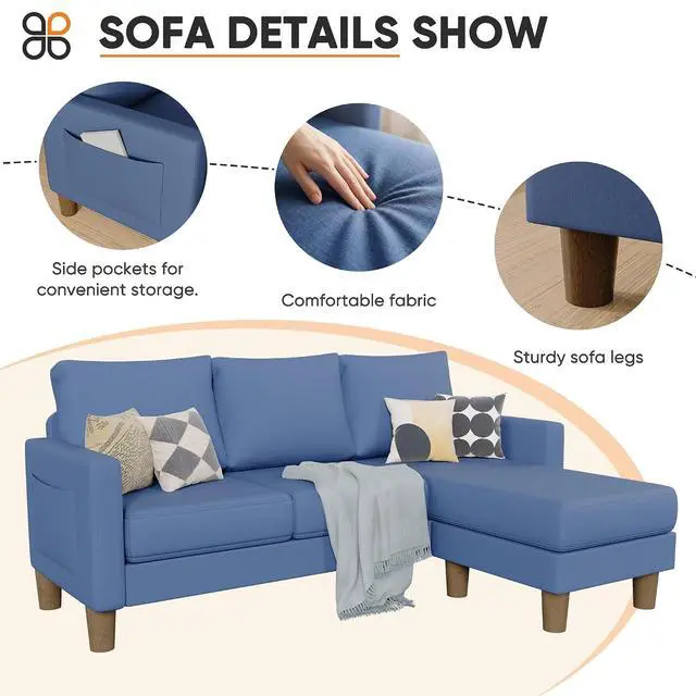 Alt view image 4 of 7 - L Shape Sectional Sofa Couch, 3 Seat Convertible Sofa with Movable Ottoman and Side Storage Pockage, Modern Sofa Small Couches for Living Room & Apartment and Small Space (Linen, Blue)