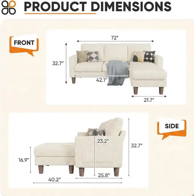 Alt view image 2 of 7 - L Shape Sectional Sofa Couch, 3 Seat Convertible Sofa with Movable Ottoman and Side Storage Pockage, Modern Sofa Small Couches for Living Room & Apartment and Small Space (Corduroy, Creamy Style)