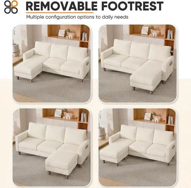 Alt view image 3 of 7 - L Shape Sectional Sofa Couch, 3 Seat Convertible Sofa with Movable Ottoman and Side Storage Pockage, Modern Sofa Small Couches for Living Room & Apartment and Small Space (Corduroy, Creamy Style)