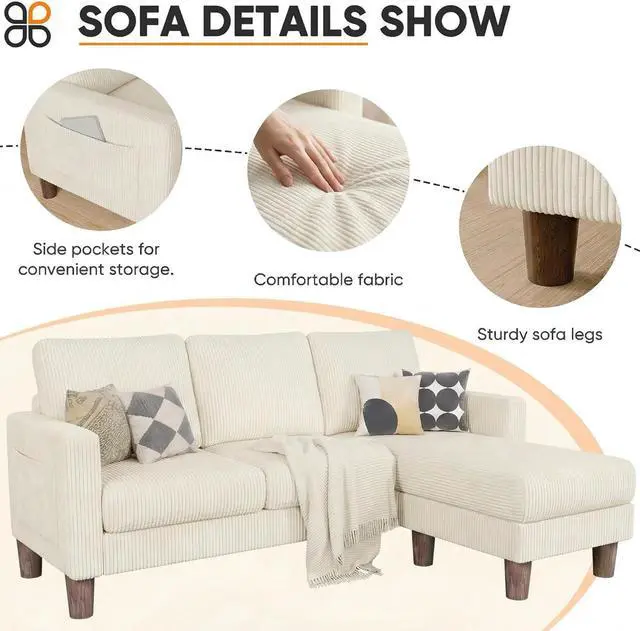 Alt view image 4 of 7 - L Shape Sectional Sofa Couch, 3 Seat Convertible Sofa with Movable Ottoman and Side Storage Pockage, Modern Sofa Small Couches for Living Room & Apartment and Small Space (Corduroy, Creamy Style)