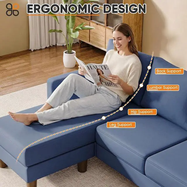 Alt view image 6 of 7 - L Shape Sectional Sofa Couch, 3 Seat Convertible Sofa with Movable Ottoman and Side Storage Pockage, Modern Sofa Small Couches for Living Room & Apartment and Small Space (Linen, Blue)