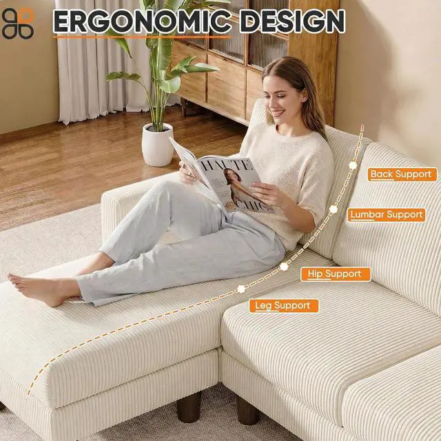 Alt view image 6 of 7 - L Shape Sectional Sofa Couch, 3 Seat Convertible Sofa with Movable Ottoman and Side Storage Pockage, Modern Sofa Small Couches for Living Room & Apartment and Small Space (Corduroy, Creamy Style)