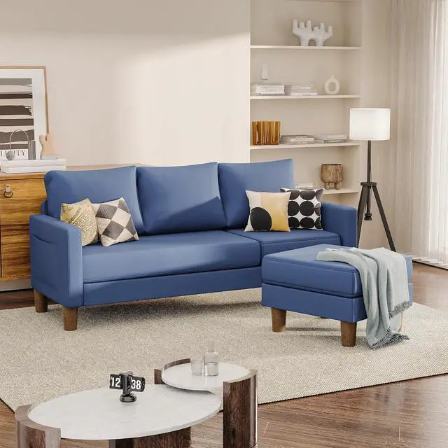 Alt view image 7 of 7 - L Shape Sectional Sofa Couch, 3 Seat Convertible Sofa with Movable Ottoman and Side Storage Pockage, Modern Sofa Small Couches for Living Room & Apartment and Small Space (Linen, Blue)