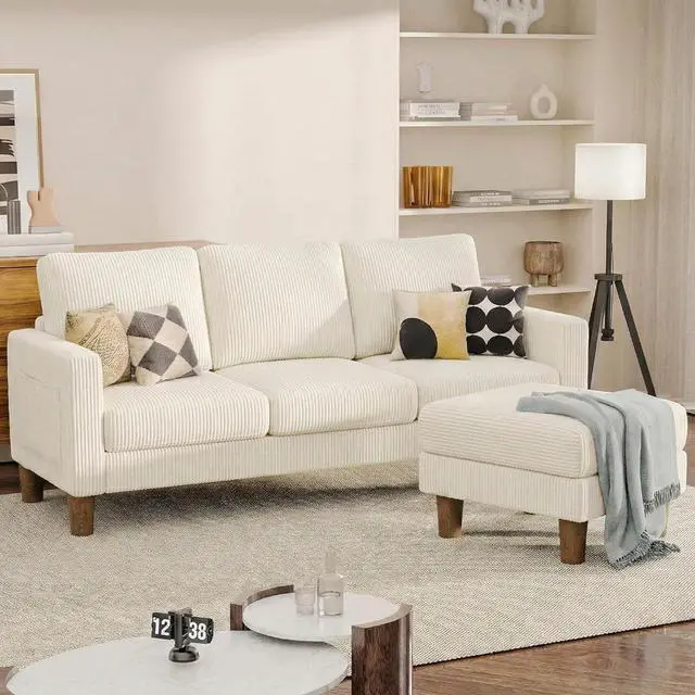 Alt view image 7 of 7 - L Shape Sectional Sofa Couch, 3 Seat Convertible Sofa with Movable Ottoman and Side Storage Pockage, Modern Sofa Small Couches for Living Room & Apartment and Small Space (Corduroy, Creamy Style)