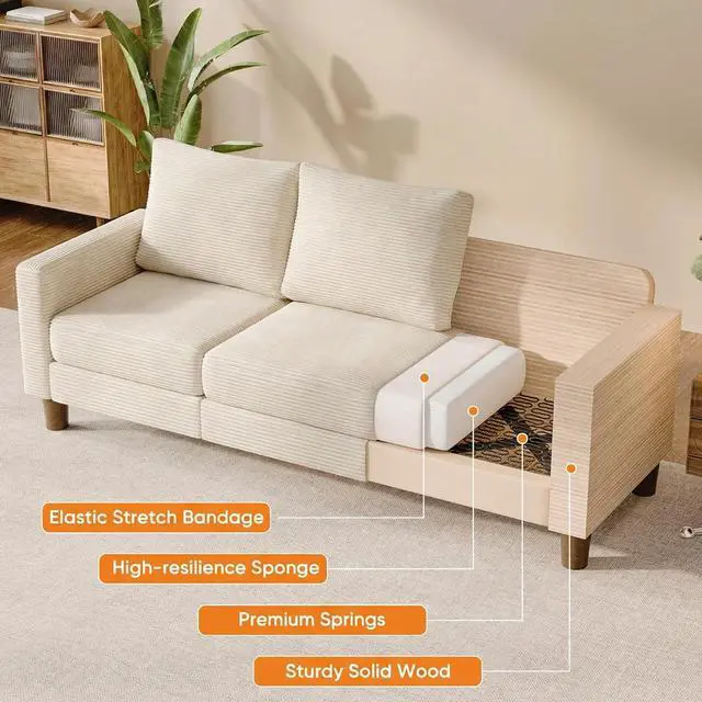 Alt view image 5 of 7 - L Shape Sectional Sofa Couch, 3 Seat Convertible Sofa with Movable Ottoman and Side Storage Pockage, Modern Sofa Small Couches for Living Room & Apartment and Small Space (Corduroy, Creamy Style)