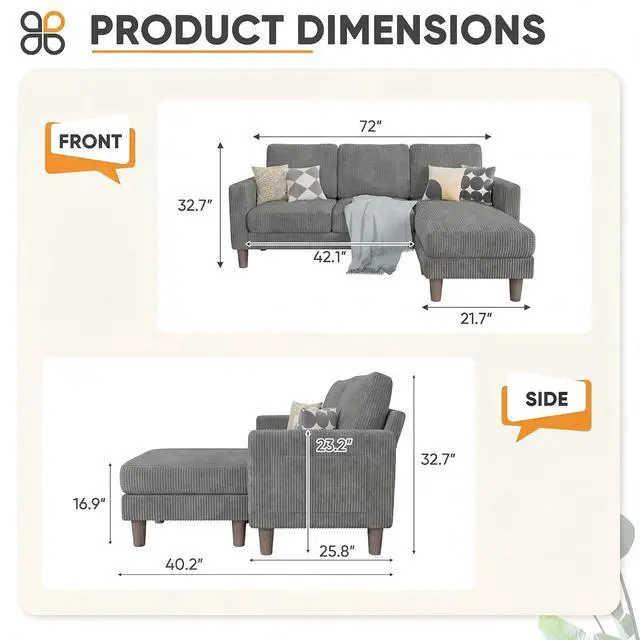 Alt view image 2 of 7 - L Shape Sectional Sofa Couch, 3 Seat Convertible Sofa with Movable Ottoman and Side Storage Pockage, Modern Sofa Small Couches for Living Room & Apartment and Small Space (Corduroy, Charcoal)