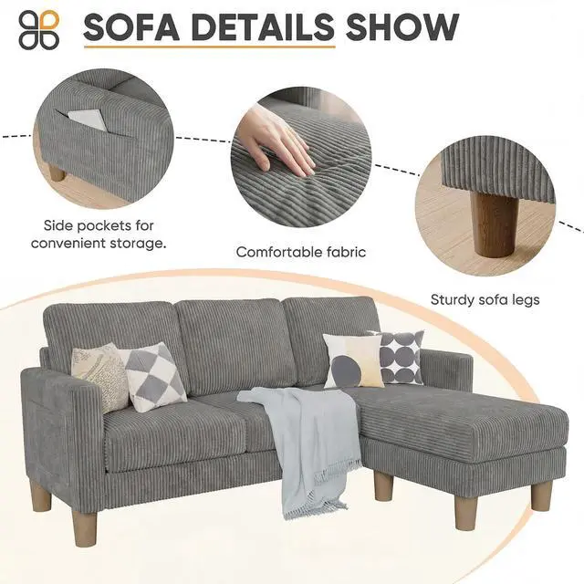 Alt view image 4 of 7 - L Shape Sectional Sofa Couch, 3 Seat Convertible Sofa with Movable Ottoman and Side Storage Pockage, Modern Sofa Small Couches for Living Room & Apartment and Small Space (Corduroy, Charcoal)
