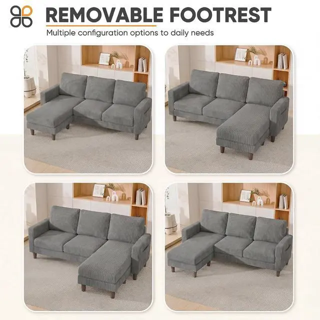 Alt view image 3 of 7 - L Shape Sectional Sofa Couch, 3 Seat Convertible Sofa with Movable Ottoman and Side Storage Pockage, Modern Sofa Small Couches for Living Room & Apartment and Small Space (Corduroy, Charcoal)