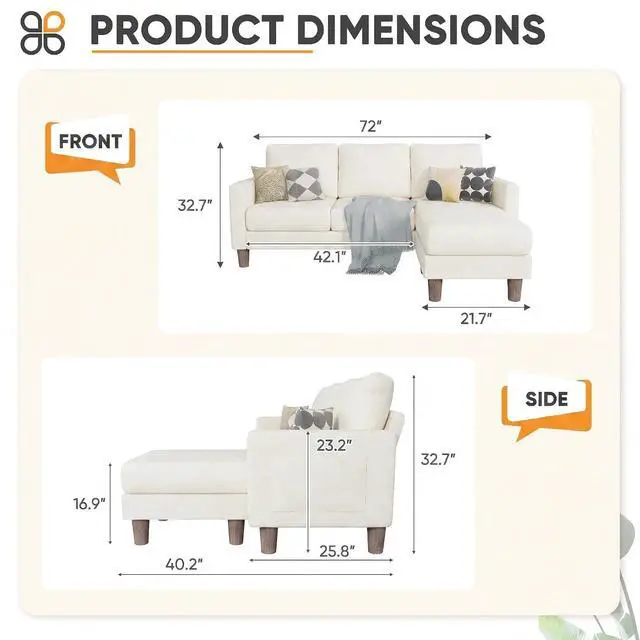 Alt view image 2 of 7 - L Shape Sectional Sofa Couch, 3 Seat Convertible Sofa with Movable Ottoman and Side Storage Pockage, Modern Sofa Small Couches for Living Room & Apartment and Small Space (Linen, White)