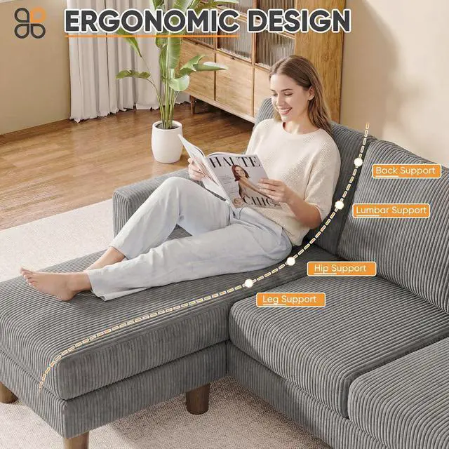 Alt view image 6 of 7 - L Shape Sectional Sofa Couch, 3 Seat Convertible Sofa with Movable Ottoman and Side Storage Pockage, Modern Sofa Small Couches for Living Room & Apartment and Small Space (Corduroy, Charcoal)