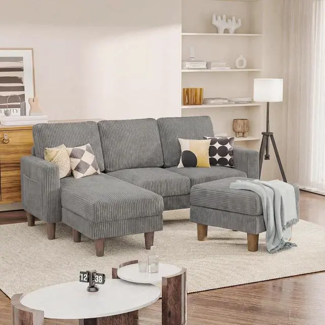Alt view image 7 of 7 - L Shape Sectional Sofa Couch, 3 Seat Convertible Sofa with Movable Ottoman and Side Storage Pockage, Modern Sofa Small Couches for Living Room & Apartment and Small Space (Corduroy, Charcoal)