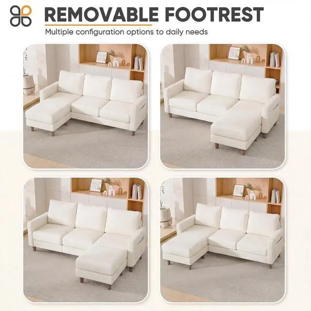 Alt view image 3 of 7 - L Shape Sectional Sofa Couch, 3 Seat Convertible Sofa with Movable Ottoman and Side Storage Pockage, Modern Sofa Small Couches for Living Room & Apartment and Small Space (Linen, White)