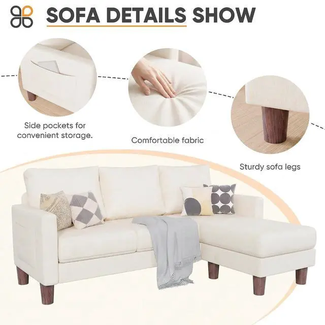 Alt view image 4 of 7 - L Shape Sectional Sofa Couch, 3 Seat Convertible Sofa with Movable Ottoman and Side Storage Pockage, Modern Sofa Small Couches for Living Room & Apartment and Small Space (Linen, White)