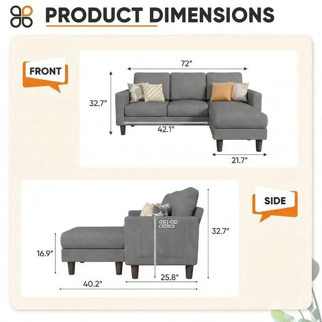 Alt view image 2 of 7 - L Shape Sectional Sofa Couch, 3 Seat Convertible Sofa with Movable Ottoman and Side Storage Pockage, Modern Sofa Small Couches for Living Room & Apartment and Small Space (Linen, Grey)