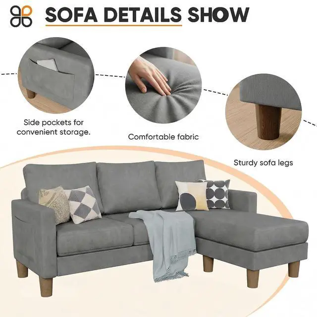 Alt view image 4 of 7 - L Shape Sectional Sofa Couch, 3 Seat Convertible Sofa with Movable Ottoman and Side Storage Pockage, Modern Sofa Small Couches for Living Room & Apartment and Small Space (Linen, Grey)
