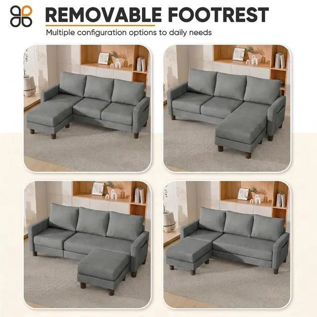 Alt view image 3 of 7 - L Shape Sectional Sofa Couch, 3 Seat Convertible Sofa with Movable Ottoman and Side Storage Pockage, Modern Sofa Small Couches for Living Room & Apartment and Small Space (Linen, Grey)