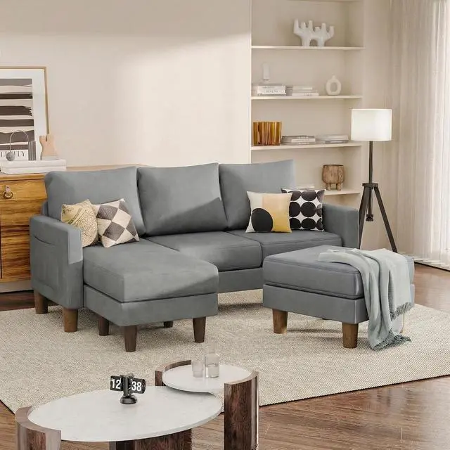 Alt view image 7 of 7 - L Shape Sectional Sofa Couch, 3 Seat Convertible Sofa with Movable Ottoman and Side Storage Pockage, Modern Sofa Small Couches for Living Room & Apartment and Small Space (Linen, Grey)