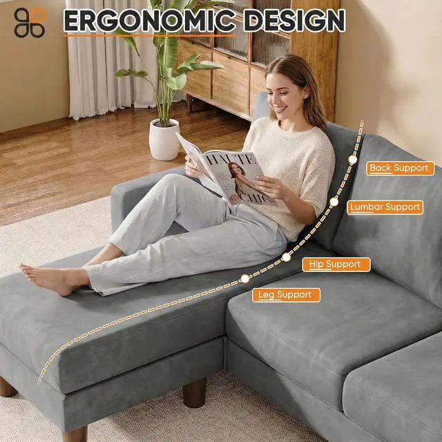 Alt view image 6 of 7 - L Shape Sectional Sofa Couch, 3 Seat Convertible Sofa with Movable Ottoman and Side Storage Pockage, Modern Sofa Small Couches for Living Room & Apartment and Small Space (Linen, Grey)