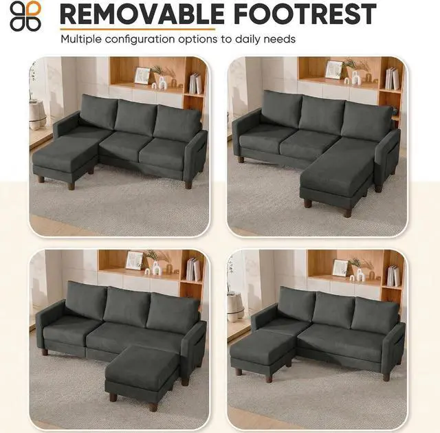 Alt view image 3 of 7 - L Shape Sectional Sofa Couch, 3 Seat Convertible Sofa with Movable Ottoman and Side Storage Pockage, Modern Sofa Small Couches for Living Room & Apartment and Small Space (Neutral Grey, Linen)