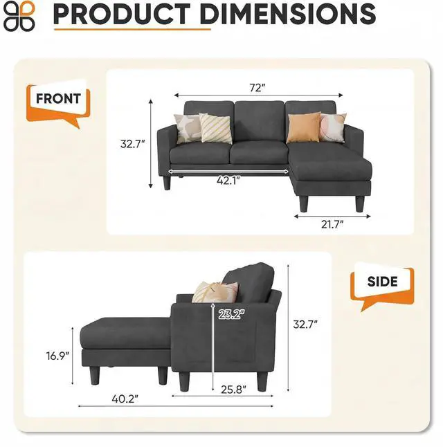 Alt view image 2 of 7 - L Shape Sectional Sofa Couch, 3 Seat Convertible Sofa with Movable Ottoman and Side Storage Pockage, Modern Sofa Small Couches for Living Room & Apartment and Small Space (Neutral Grey, Linen)