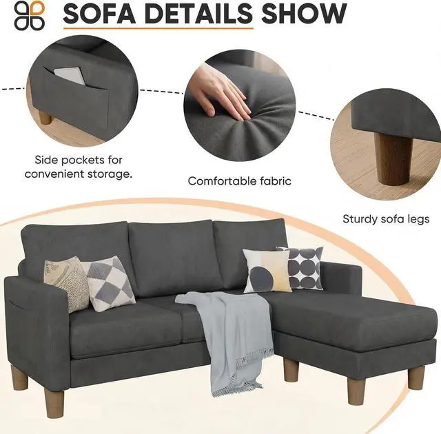 Alt view image 4 of 7 - L Shape Sectional Sofa Couch, 3 Seat Convertible Sofa with Movable Ottoman and Side Storage Pockage, Modern Sofa Small Couches for Living Room & Apartment and Small Space (Neutral Grey, Linen)