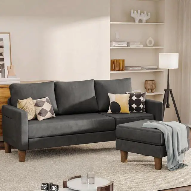 Alt view image 7 of 7 - L Shape Sectional Sofa Couch, 3 Seat Convertible Sofa with Movable Ottoman and Side Storage Pockage, Modern Sofa Small Couches for Living Room & Apartment and Small Space (Neutral Grey, Linen)