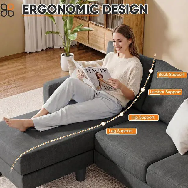 Alt view image 6 of 7 - L Shape Sectional Sofa Couch, 3 Seat Convertible Sofa with Movable Ottoman and Side Storage Pockage, Modern Sofa Small Couches for Living Room & Apartment and Small Space (Neutral Grey, Linen)