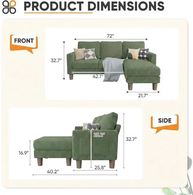 Alt view image 2 of 7 - L Shape Sectional Sofa Couch, 3 Seat Convertible Sofa with Movable Ottoman and Side Storage Pockage, Modern Sofa Small Couches for Living Room & Apartment and Small Space (Corduroy, Olive Green)