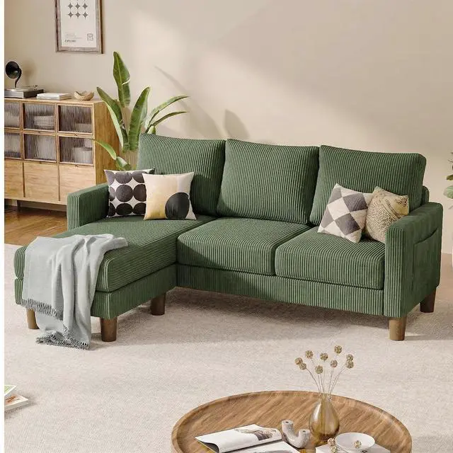 Main image of L Shape Sectional Sofa Couch, 3 Seat Convertible Sofa with Movable Ottoman and Side Storage Pockage, Modern Sofa Small Couches for Living Room & Apartment and Small Space (Corduroy, Olive Green)