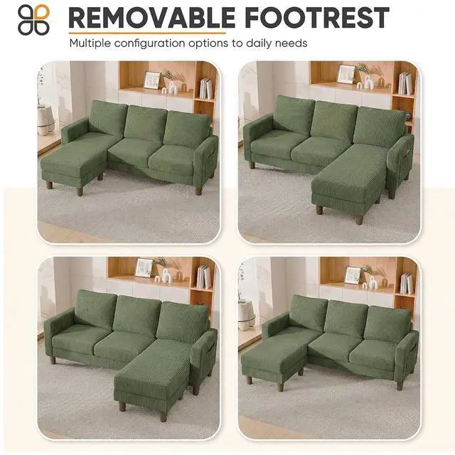 Alt view image 3 of 7 - L Shape Sectional Sofa Couch, 3 Seat Convertible Sofa with Movable Ottoman and Side Storage Pockage, Modern Sofa Small Couches for Living Room & Apartment and Small Space (Corduroy, Olive Green)