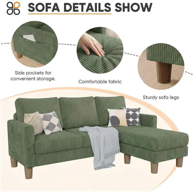 Alt view image 4 of 7 - L Shape Sectional Sofa Couch, 3 Seat Convertible Sofa with Movable Ottoman and Side Storage Pockage, Modern Sofa Small Couches for Living Room & Apartment and Small Space (Corduroy, Olive Green)