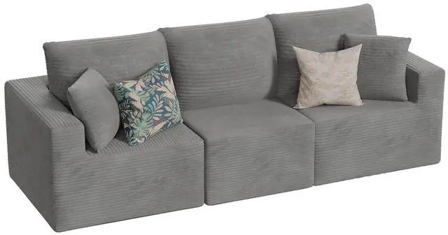 Main image of Boneless Couch with Deep Seat and Ottoman, Modular Sectional Sofa with Body Support, Corduroy Couches for Living Room, Apartments, Bedroom, No Assembly Required (Gray, Three Seater)
