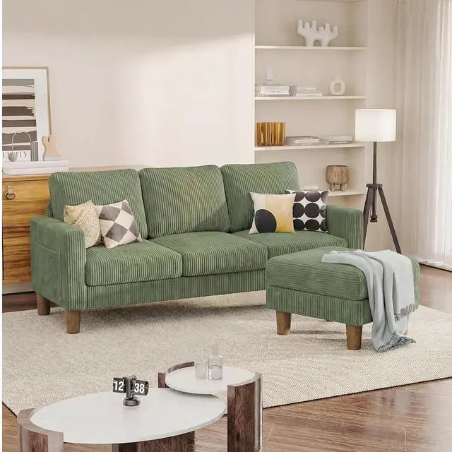 Alt view image 7 of 7 - L Shape Sectional Sofa Couch, 3 Seat Convertible Sofa with Movable Ottoman and Side Storage Pockage, Modern Sofa Small Couches for Living Room & Apartment and Small Space (Corduroy, Olive Green)