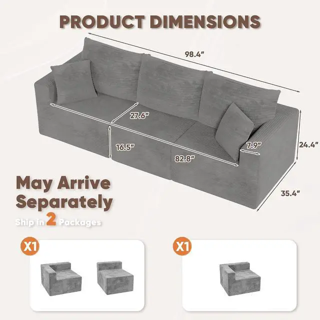 Alt view image 3 of 7 - Boneless Couch with Deep Seat and Ottoman, Modular Sectional Sofa with Body Support, Corduroy Couches for Living Room, Apartments, Bedroom, No Assembly Required (Gray, Three Seater)