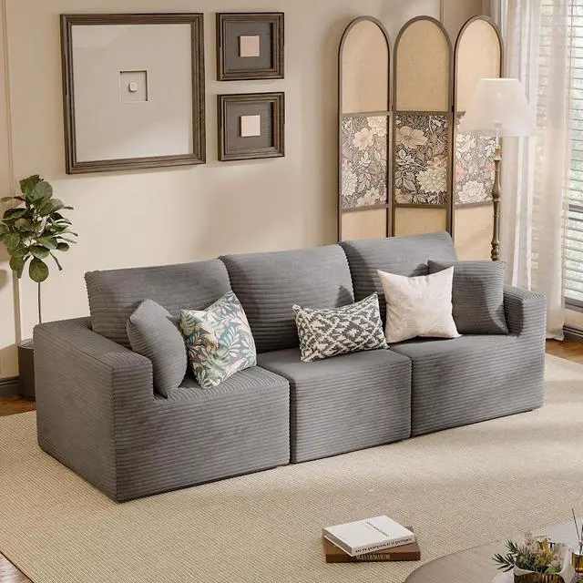 Alt view image 2 of 7 - Boneless Couch with Deep Seat and Ottoman, Modular Sectional Sofa with Body Support, Corduroy Couches for Living Room, Apartments, Bedroom, No Assembly Required (Gray, Three Seater)
