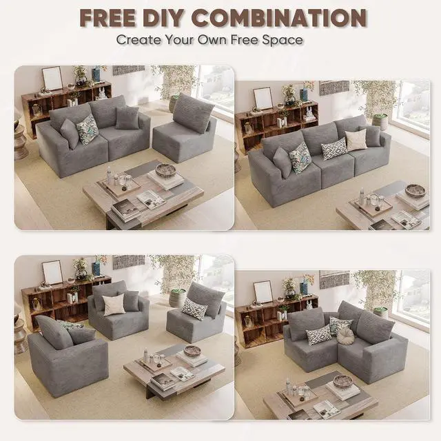 Alt view image 4 of 7 - Boneless Couch with Deep Seat and Ottoman, Modular Sectional Sofa with Body Support, Corduroy Couches for Living Room, Apartments, Bedroom, No Assembly Required (Gray, Three Seater)