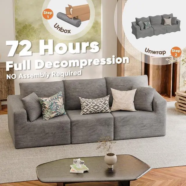 Alt view image 6 of 7 - Boneless Couch with Deep Seat and Ottoman, Modular Sectional Sofa with Body Support, Corduroy Couches for Living Room, Apartments, Bedroom, No Assembly Required (Gray, Three Seater)