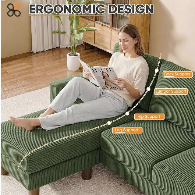 Alt view image 6 of 7 - L Shape Sectional Sofa Couch, 3 Seat Convertible Sofa with Movable Ottoman and Side Storage Pockage, Modern Sofa Small Couches for Living Room & Apartment and Small Space (Corduroy, Olive Green)