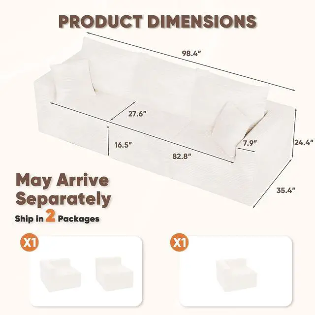 Alt view image 3 of 7 - Boneless Couch with Deep Seat and Ottoman, Modular Sectional Sofa with Body Support, Corduroy Couches for Living Room, Apartments, Bedroom, No Assembly Required (Beige, Three Seater)