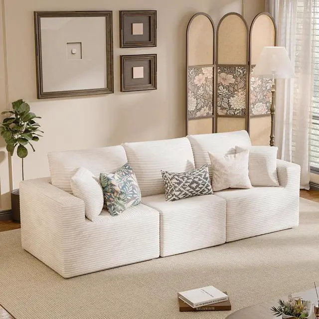 Alt view image 2 of 7 - Boneless Couch with Deep Seat and Ottoman, Modular Sectional Sofa with Body Support, Corduroy Couches for Living Room, Apartments, Bedroom, No Assembly Required (Beige, Three Seater)