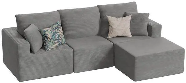 Main image of Boneless Couch with Deep Seat and Ottoman, Modular Sectional Sofa with Body Support, Corduroy Couches for Living Room, Apartments, Bedroom, No Assembly Required (Gray, L-Shaped)