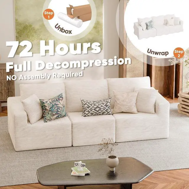 Alt view image 6 of 7 - Boneless Couch with Deep Seat and Ottoman, Modular Sectional Sofa with Body Support, Corduroy Couches for Living Room, Apartments, Bedroom, No Assembly Required (Beige, Three Seater)
