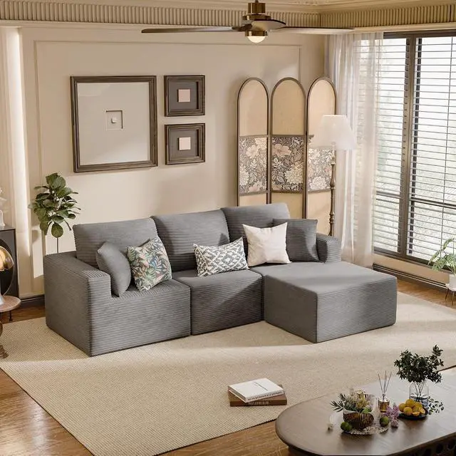 Alt view image 2 of 7 - Boneless Couch with Deep Seat and Ottoman, Modular Sectional Sofa with Body Support, Corduroy Couches for Living Room, Apartments, Bedroom, No Assembly Required (Gray, L-Shaped)