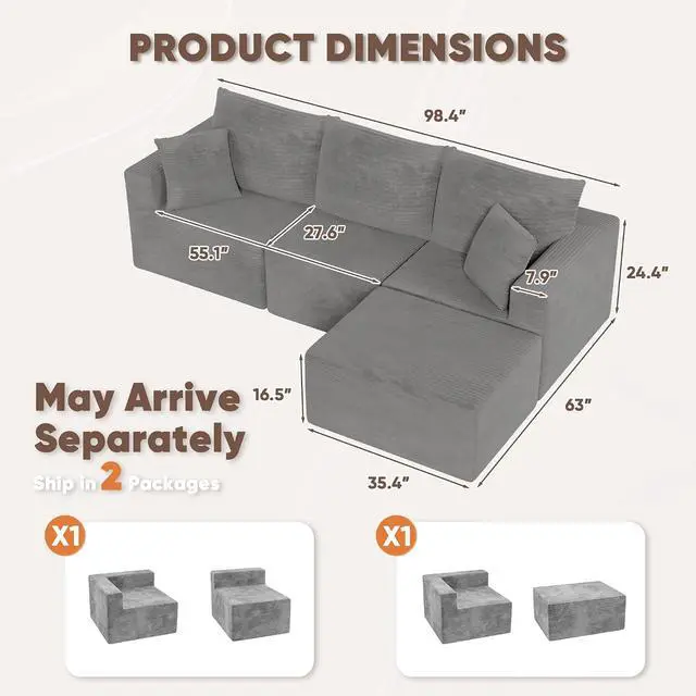 Alt view image 3 of 7 - Boneless Couch with Deep Seat and Ottoman, Modular Sectional Sofa with Body Support, Corduroy Couches for Living Room, Apartments, Bedroom, No Assembly Required (Gray, L-Shaped)