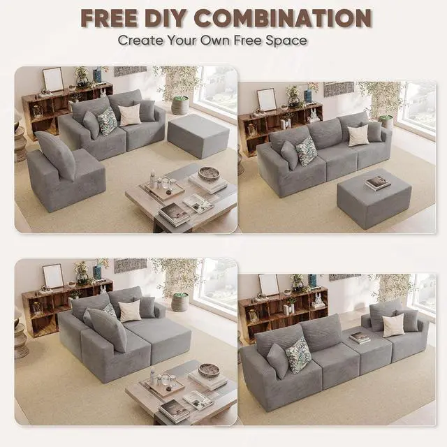 Alt view image 4 of 7 - Boneless Couch with Deep Seat and Ottoman, Modular Sectional Sofa with Body Support, Corduroy Couches for Living Room, Apartments, Bedroom, No Assembly Required (Gray, L-Shaped)
