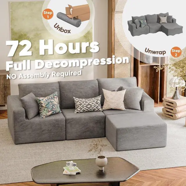 Alt view image 6 of 7 - Boneless Couch with Deep Seat and Ottoman, Modular Sectional Sofa with Body Support, Corduroy Couches for Living Room, Apartments, Bedroom, No Assembly Required (Gray, L-Shaped)