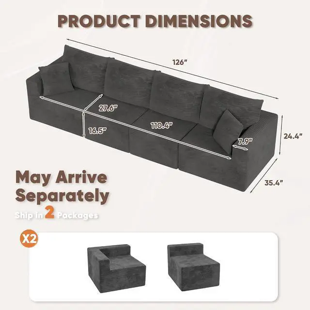 Alt view image 3 of 7 - Boneless Couch with Deep Seat and Ottoman, Modular Sectional Sofa with Body Support, Corduroy Couches for Living Room, Apartments, Bedroom, No Assembly Required (Black, Four Seater)